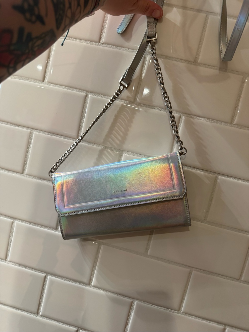 Iridescent Holographic Clutch with chain strap